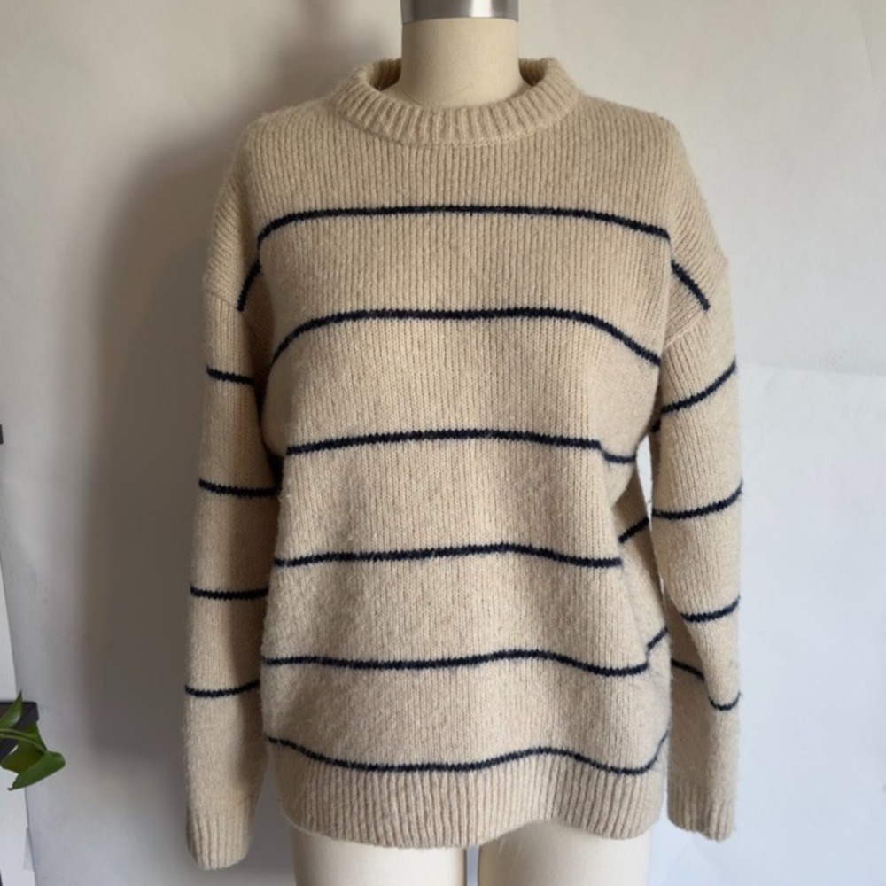 ZARA Kids/Teen Striped Acrylic Sweater-Beige Navy Stripe Pullover-Size Lge 13-14